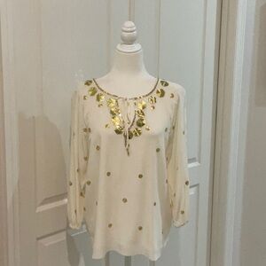 Magaschoni Cream Blouse with Tie Front and Embellished Neckline